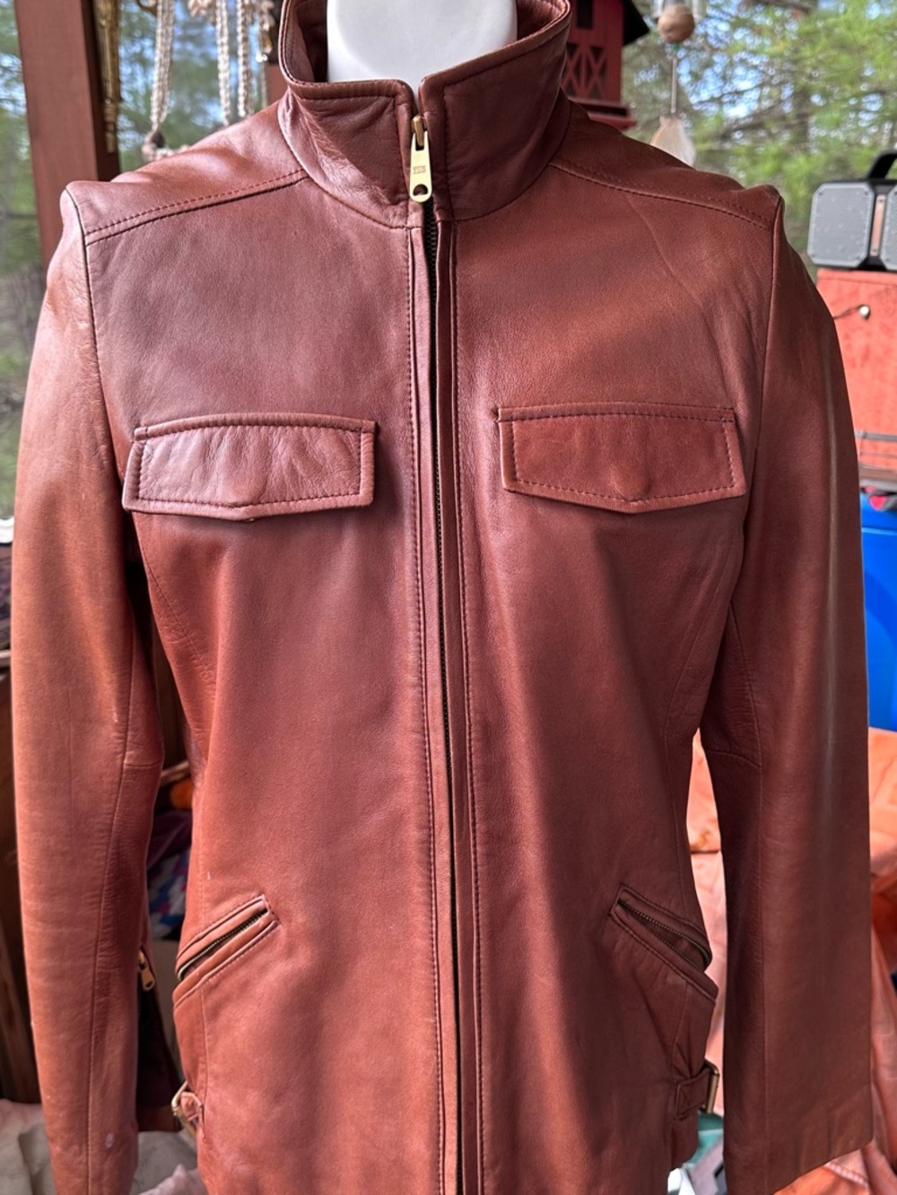 Kenneth Cole Men's Chestnut Brown Leather Biker-Style Jacket